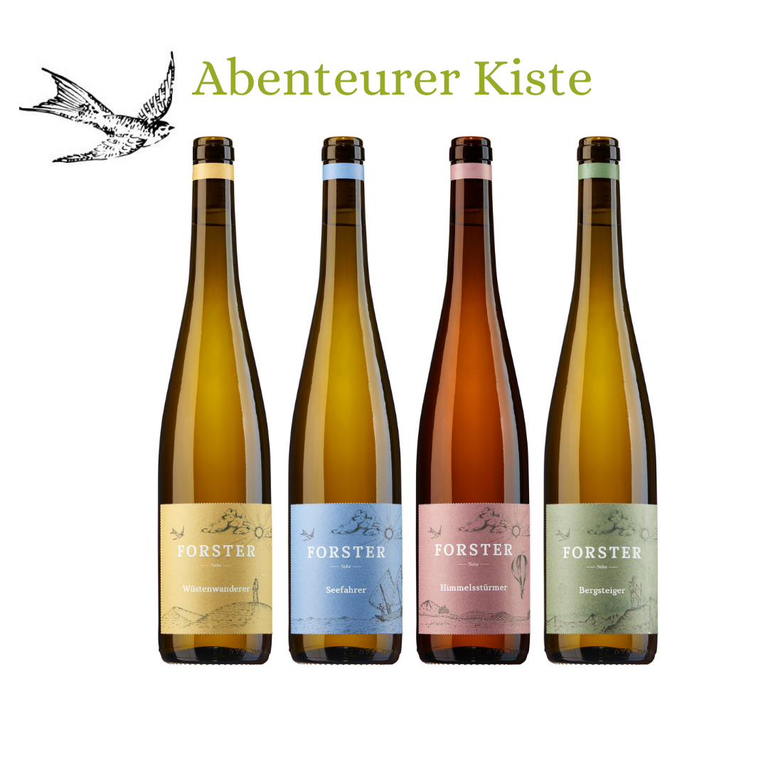 Zeigt 4 Flaschen Wein vom Weingut Forster. Geschenk. Abenteurer Weine. Alle Weine haben ein Korken und Etiketten in unterschiedlichen Farben, gelb, blau, rosa und grün. 