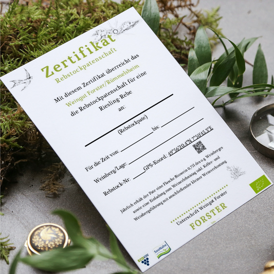 Zeigt das Rebpatenschaft Zertifikat.