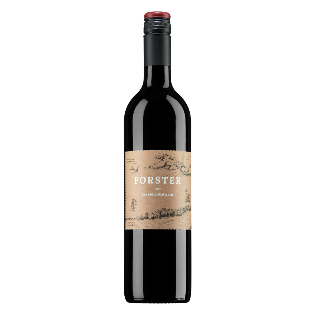 Flasche Rotwein vom Weingut Forster aus Rümmelsheim an der Nahe, ein Cuvee aus Regent und Dornfelder, mit dunklem Schraubverschluss und beige-braunem Etikett, das mit weißer Schrift das Logo Forster sowie die Sorte zeigt, zudem eine gezeichnete Landschaft mit Sonne, Wolken, Schwalbe und Pflanzen. 