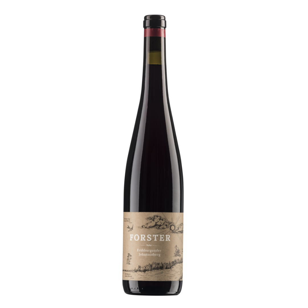 Flasche Rotwein vom Weingut Forster aus Rümmelsheim an der Nahe, Sorte Frühburgunder aus der Lage Burg Layer Johannisberg, mit Korken und beige-braunem Etikett, das mit weißer Schrift das Logo Forster sowie die Sorte zeigt, zudem eine gezeichnete Landschaft mit Sonne, Wolken, Schwalbe und Pflanzen. 