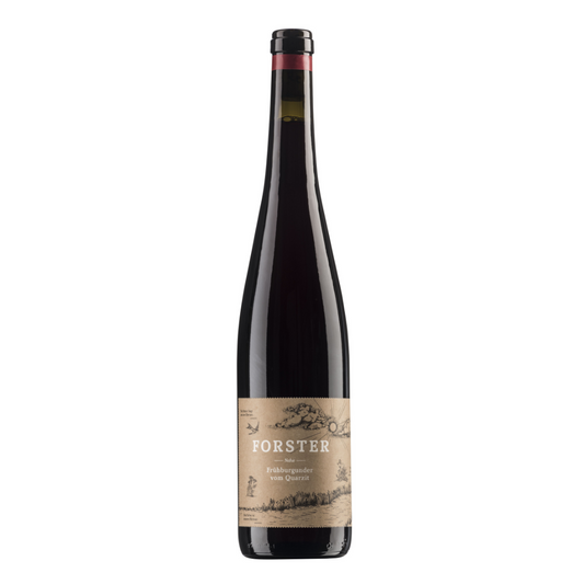 Flasche Rotwein vom Weingut Forster aus Rümmelsheim an der Nahe, Sorte Frühburgunder vom Quarzit, mit Korken und beige-braunem Etikett, das mit weißer Schrift das Logo Forster sowie die Sorte zeigt, zudem eine gezeichnete Landschaft mit Sonne, Wolken, Schwalbe und Pflanzen. 