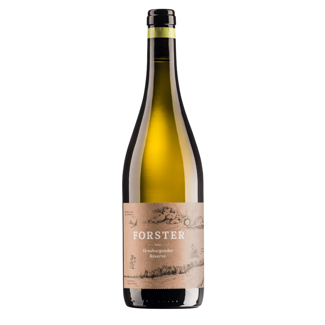 Flasche Weißwein vom Weingut Forster aus Rümmelsheim an der Nahe, Sorte Grauburgunder Réserve, mit Korken und beige-braunem Etikett, das mit weißer Schrift das Logo Forster sowie die Sorte zeigt, zudem eine gezeichnete Landschaft mit Sonne, Wolken, Schwalbe und Pflanzen. 