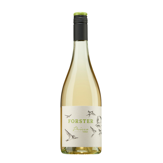 Flasche Secco vom Weingut Forster aus Rümmelsheim an der Nahe, Sorte Pricco Vino Perlwein, mit dunklem Schraubverschluss und hellem Etikett mit grüner Schrift Forster und einem gezeichneten Vogelschwarm mit Schwalben.  