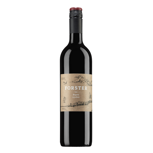 Flasche Rotwein vom Weingut Forster aus Rümmelsheim an der Nahe, Sorte Regent, mit dunklem Schraubverschluss und beige-braunem Etikett, das mit weißer Schrift das Logo Forster sowie die Sorte zeigt, zudem eine gezeichnete Landschaft mit Sonne, Wolken, Schwalbe und Pflanzen. 