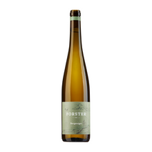 Laden Sie das Bild in den Galerie-Viewer, Flasche Weißwein vom Weingut Forster aus Rümmelsheim an der Nahe, Sorte Riesling Bergsteiger, mit Korken und grünem Etikett, das mit weißer Schrift das Logo Forster sowie die Sorte zeigt, zudem eine gezeichnete Landschaft mit Sonne, Wolken, Schwalbe und Bergen mit einem Bergsteiger. 