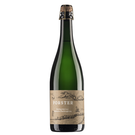 Flasche Sekt vom Weingut Forster aus Rümmelsheim an der Nahe, Sorte Riesling Sekt brut, mit Korken und Agraffe und beige-braunem Etikett, das mit weißer Schrift das Logo Forster sowie die Sorte zeigt, zudem eine gezeichnete Landschaft mit Sonne, Wolken, Schwalbe und Pflanzen. 