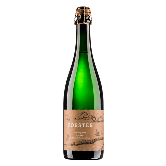 Sektflasche vom Weingut Forster aus Rümmelsheim an der Nahe, Sorte Riesling Sekt trocken, mit Korken und Agraffe und beige-braunem Etikett, das mit weißer Schrift das Logo Forster sowie die Sorte zeigt, zudem eine gezeichnete Landschaft mit Sonne, Wolken, Schwalbe und Pflanzen. 