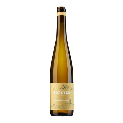 Flasche Weißwein vom Weingut Forster aus Rümmelsheim an der Nahe, Sorte Riesling Wüstenwanderer, mit Korken und gelbem Etikett, das mit weißer Schrift das Logo Forster sowie die Sorte zeigt, zudem eine gezeichnete Landschaft mit Sonne, Wolken, Schwalbe und einer Wüstenlandschaft mit einem Wanderer. 