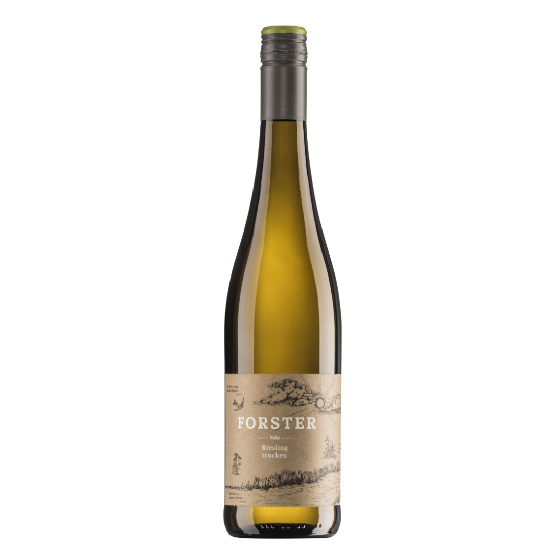Flasche Weißwein vom Weingut Forster aus Rümmelsheim an der Nahe, Sorte Riesling trocken, mit dunklem Schraubverschluss und beige-braunem Etikett, das mit weißer Schrift das Logo Forster sowie die Sorte zeigt, zudem eine gezeichnete Landschaft mit Sonne, Wolken, Schwalbe und Pflanzen. 