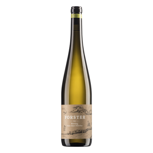 Flasche Weißwein vom Weingut Forster aus Rümmelsheim an der Nahe, Sorte Riesling roter Schiefer, mit Korken und beige-braunem Etikett, das mit weißer Schrift das Logo Forster sowie die Sorte zeigt, zudem eine gezeichnete Landschaft mit Sonne, Wolken, Schwalbe und Pflanzen. 