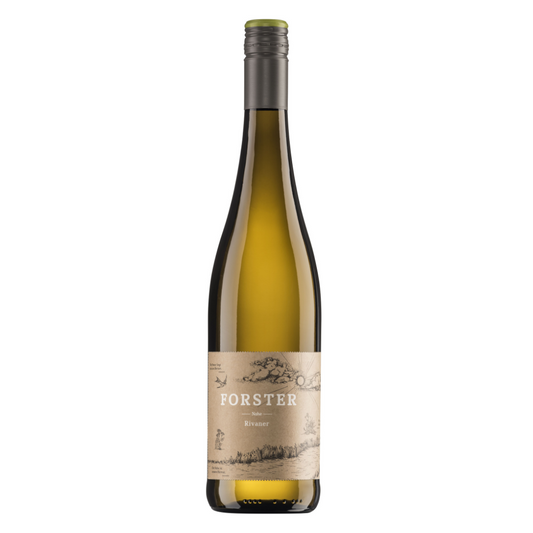 Flasche Weißwein vom Weingut Forster aus Rümmelsheim an der Nahe, Sorte Rivaner, mit Schraubverschluss und beige-braunem Etikett, das mit weißer Schrift das Logo Forster sowie die Sorte zeigt, zudem eine gezeichnete Landschaft mit Sonne, Wolken, Schwalbe und Pflanzen. 