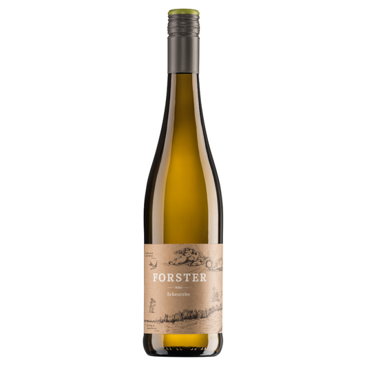 Flasche Weißwein vom Weingut Forster aus Rümmelsheim an der Nahe, Sorte Scheurebe fruchtig, mit dunklem Schraubverschluss und beige-braunem Etikett, das mit weißer Schrift das Logo Forster sowie die Sorte zeigt, zudem eine gezeichnete Landschaft mit Sonne, Wolken, Schwalbe und Pflanzen. 