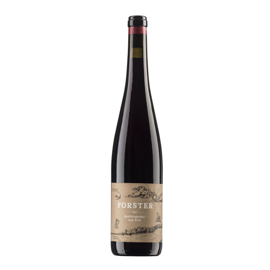 Flasche Rotwein vom Weingut Forster aus Rümmelsheim an der Nahe, Sorte Spätburgunder vom Kiesboden, mit Korken und beige-braunem Etikett, das mit weißer Schrift das Logo Forster sowie die Sorte zeigt, zudem eine gezeichnete Landschaft mit Sonne, Wolken, Schwalbe und Pflanzen. 