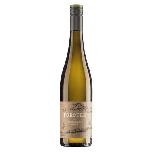 Flasche Weißwein vom Weingut Forster aus Rümmelsheim an der Nahe, Sorte Weissburgunder trocken, mit dunklem Schraubverschluss und beige-braunem Etikett, das mit weißer Schrift das Logo Forster sowie die Sorte zeigt, zudem eine gezeichnete Landschaft mit Sonne, Wolken, Schwalbe und Pflanzen. 